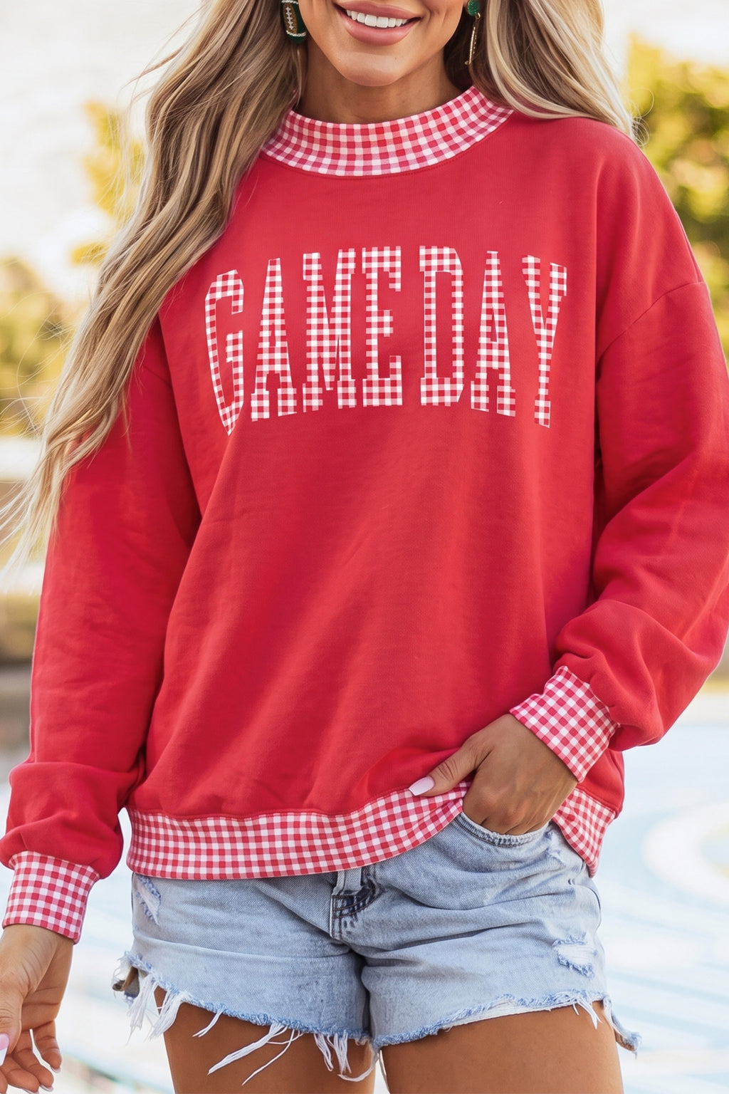 Fiery Red Gingham Plaid Letter Print Tunic Pullover Sweatshirt