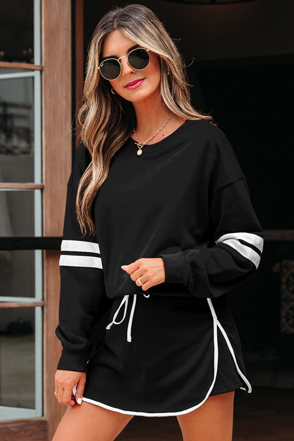 Fiery Red Varsity Stripe Detail Drop Shoulder Pullover Mini Skort Set