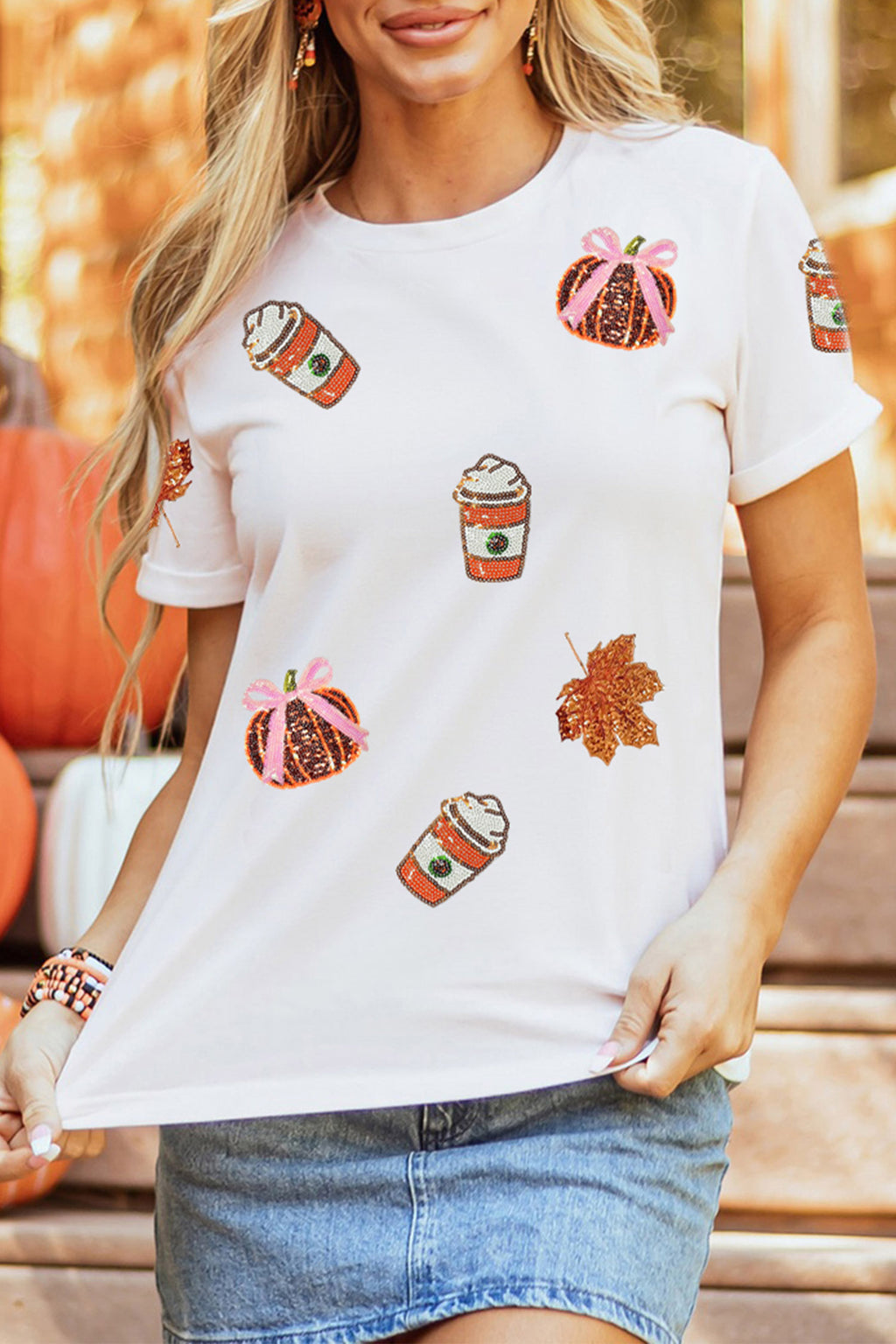 White Sequined Pumpkin Fall Graphic Casual Shift T Shirt