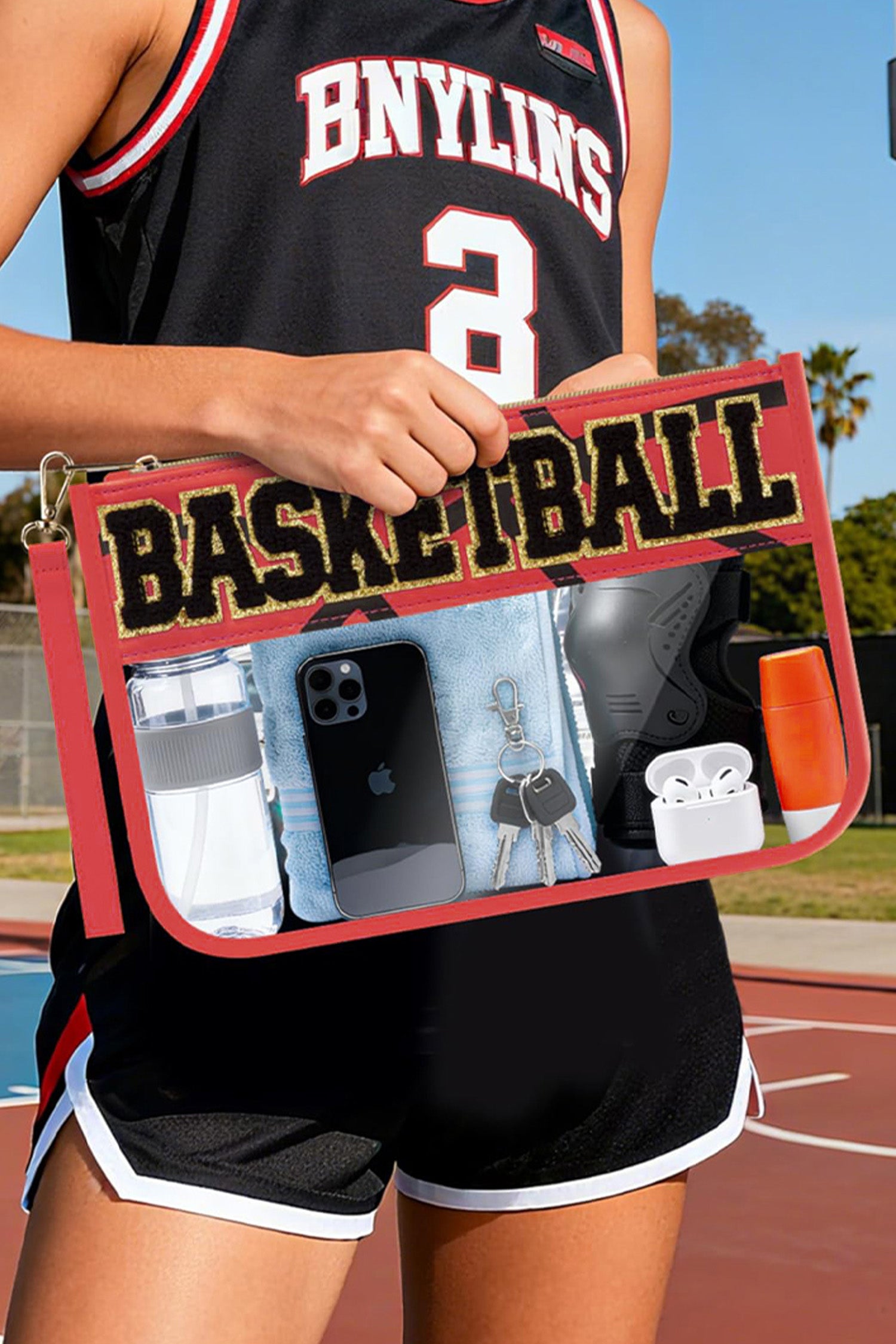 Brown BASEBALL Chenille Letter Patch Game Day Stadium Clear PVC Cosmetic Bag