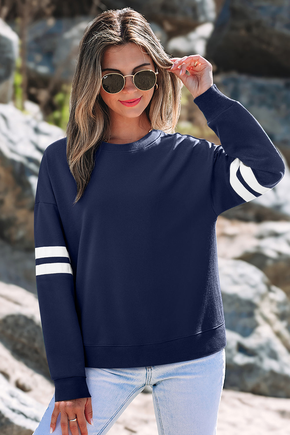 Sky Blue Varsity Striped Detail Drop Shoulder Oversized Sweatshirt
