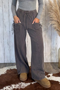 Dark Brown Cotton Mineral Wash Elastic Waist Drawstring Tie Detail Cargo Pants