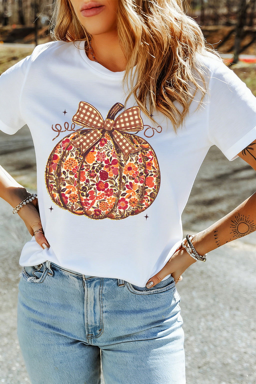 White Floral Pumpkin Print Round Neck Short Sleeve T-Shirt