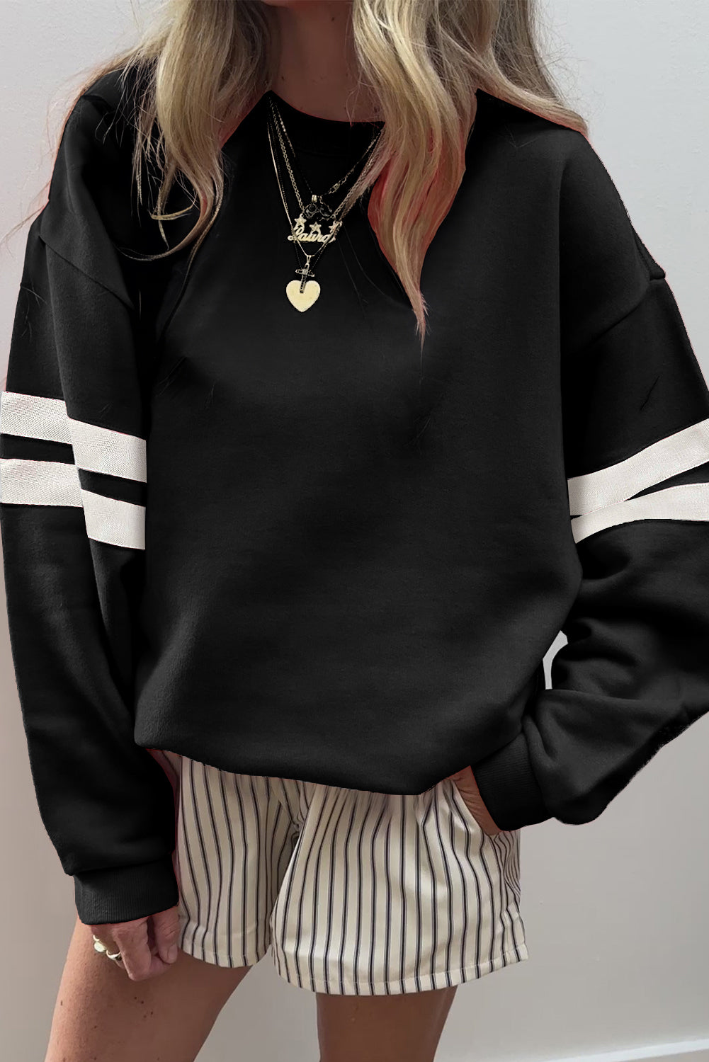 Sky Blue Varsity Striped Detail Drop Shoulder Oversized Sweatshirt