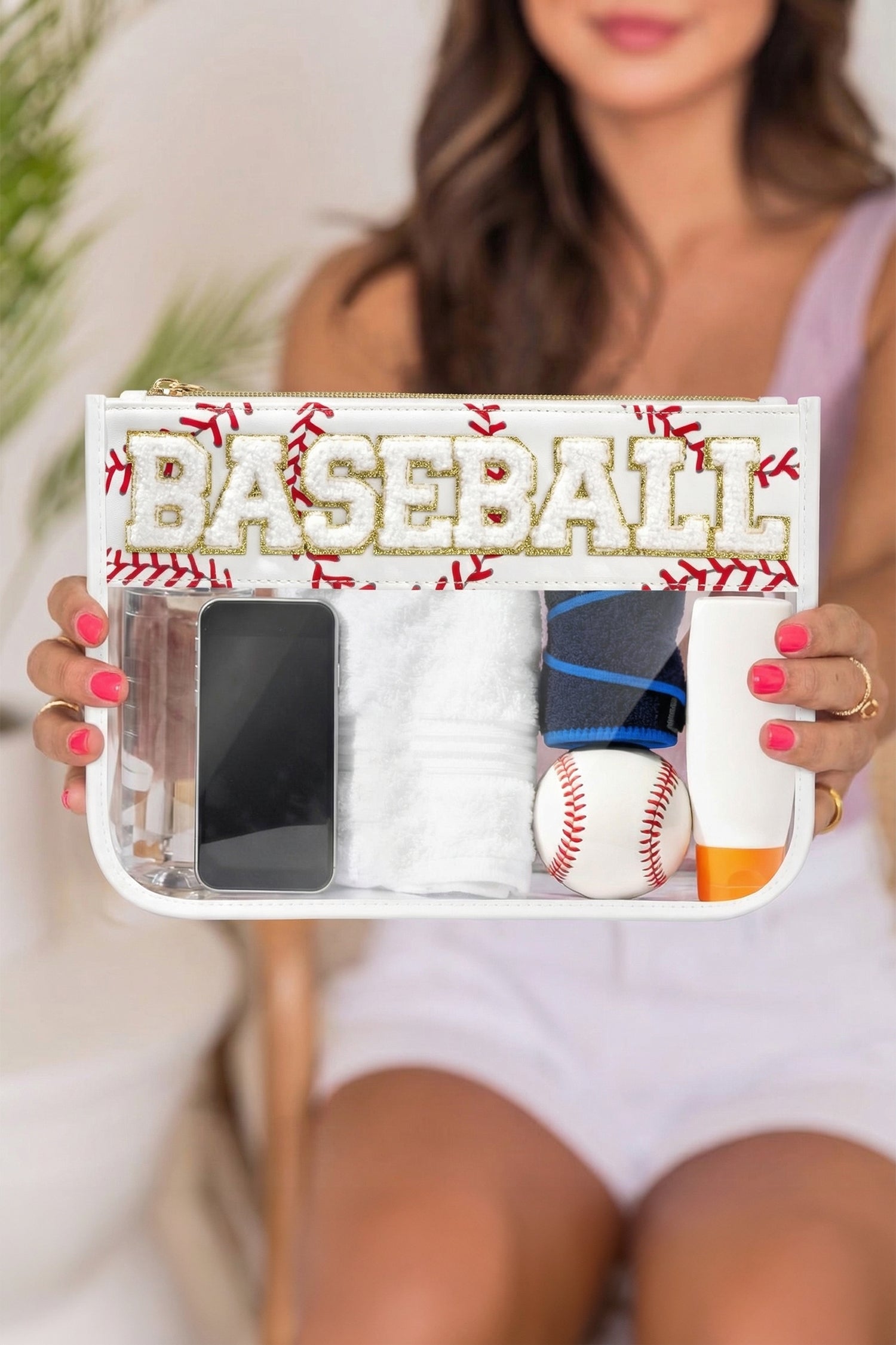 Brown BASEBALL Chenille Letter Patch Game Day Stadium Clear PVC Cosmetic Bag