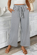 Black Stripe Tied High Waist Loose Straight Casual Pants