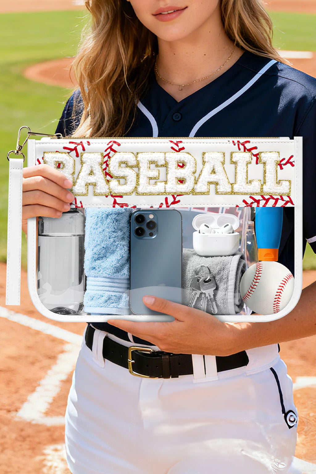 Brown BASEBALL Chenille Letter Patch Game Day Stadium Clear PVC Cosmetic Bag