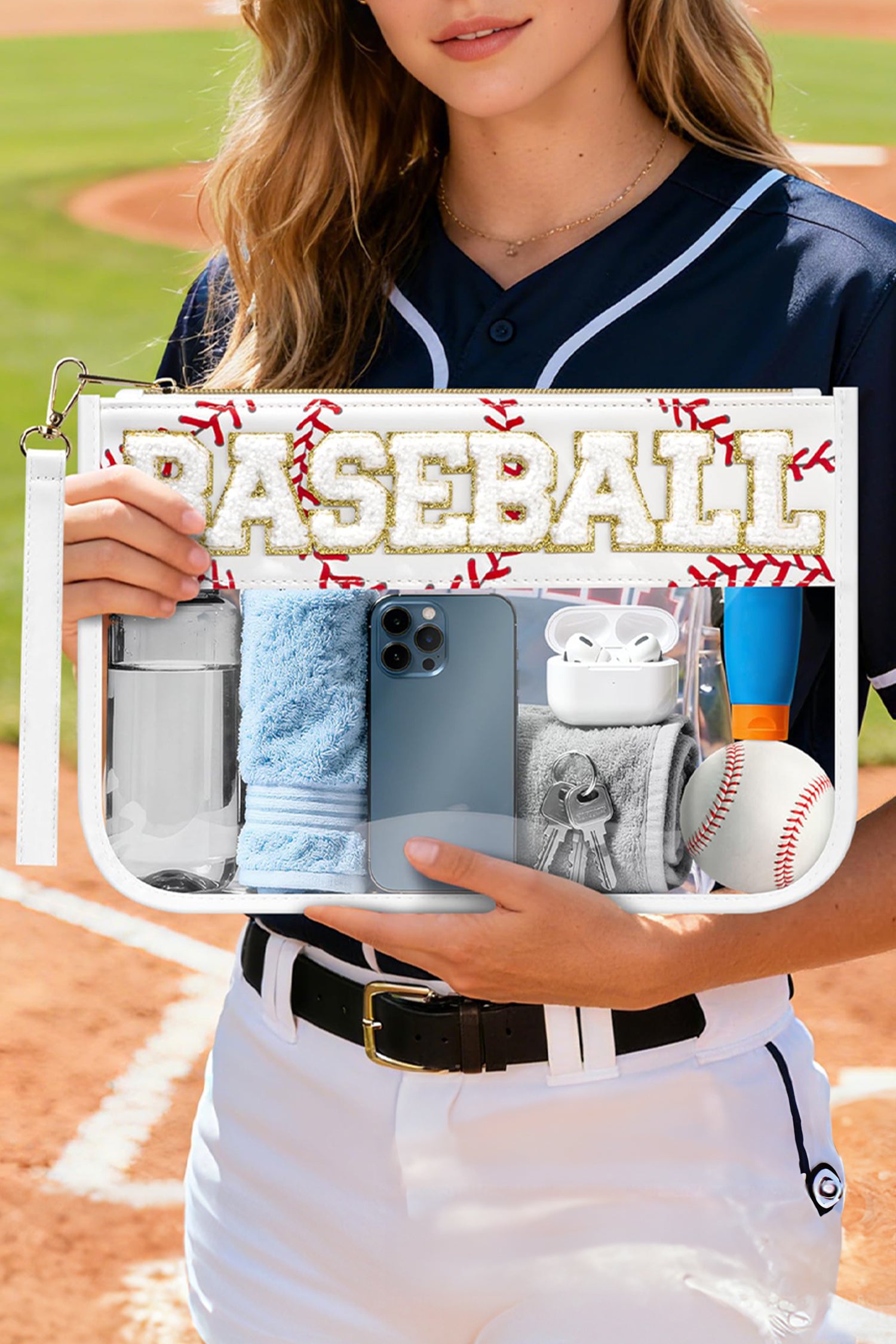 Brown BASEBALL Chenille Letter Patch Game Day Stadium Clear PVC Cosmetic Bag