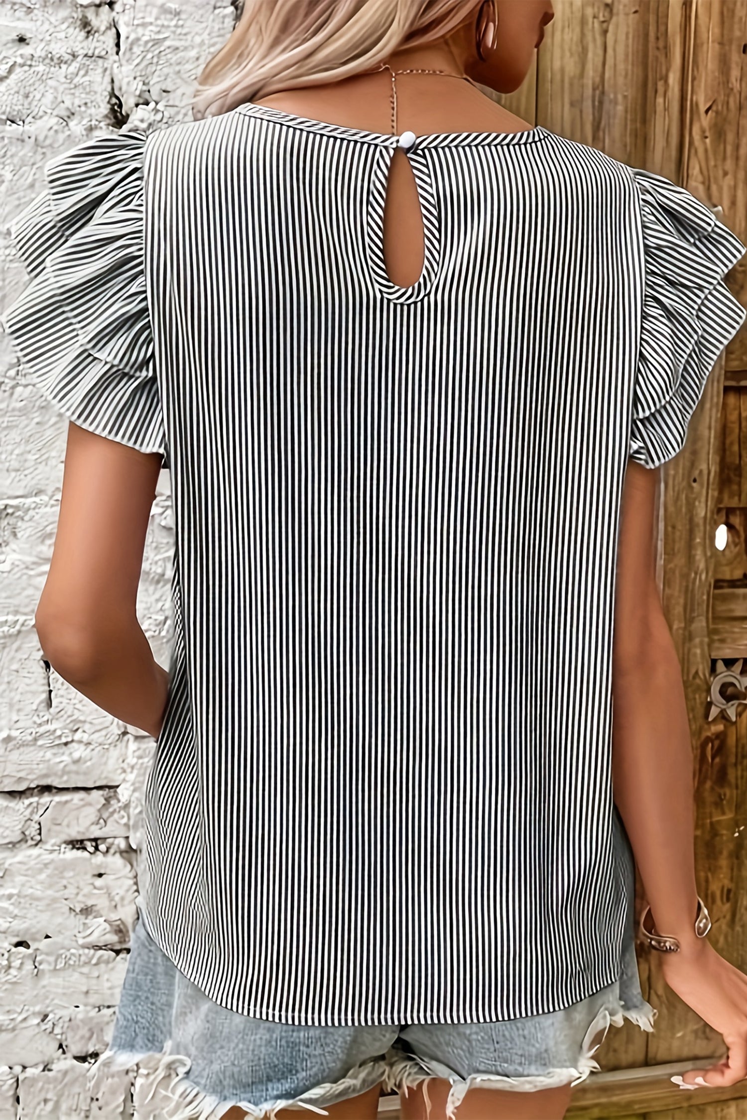Black Stripe Striped Ruffle Sleeve Short Sleeve Round Neck Casual Shift Blouse